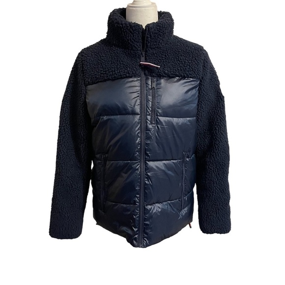 Women’s TOMMY HILFIGER Mixed Media Navy Blue Sherpa Puffer Jacket Coat - Picture 4 of 10